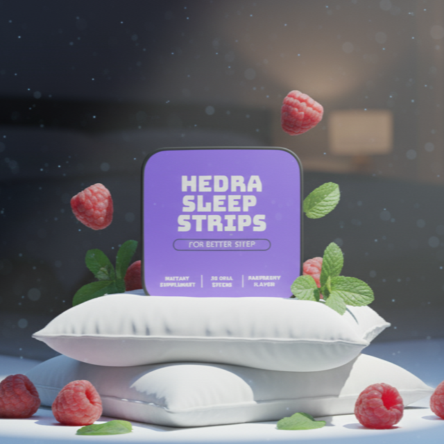 HEDRA SLEEP STRIPS packaging with raspberries and mint leaves on a dark background